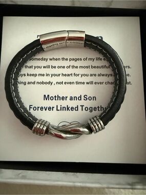 Gents Black Leather Bracelet with Silver-Tone Twist Accent